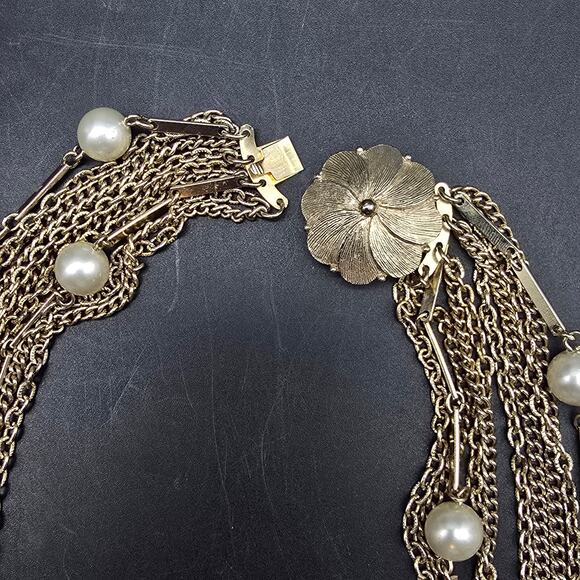 Gold Tone Layered Chain Necklace Faux Pearl Accents Vintage Jewelry - Picture 3 of 6